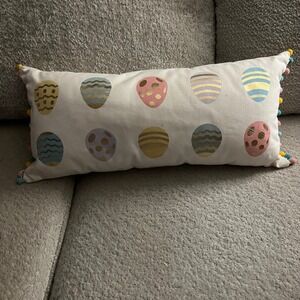 Easter Egg Lumbar Pillow Pastel Gold Foil Pom Pom Trim Spring Decor White
